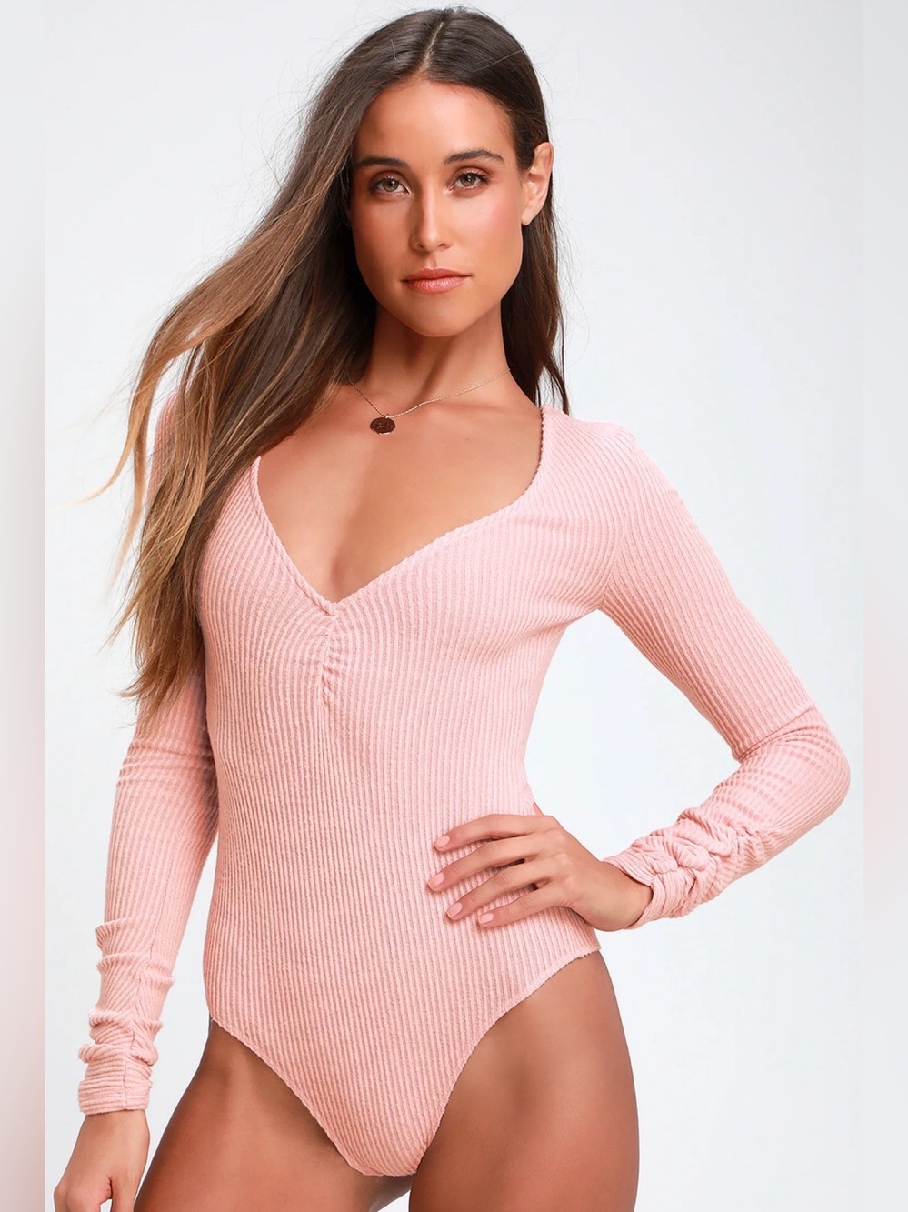 NWT Free People Cozy Up With Me Rose Pink Ribbed Long Sleeve Bodysuit